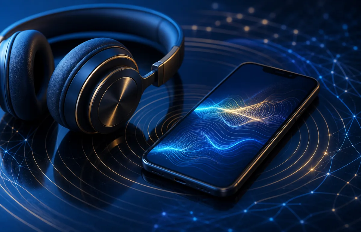 Headphones and a phone with an abstract waveform illustrating a digital audio listening routine