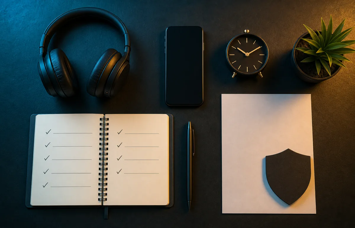 A top-down buyer checklist scene with headphones, phone, notebook, clock and generic documents