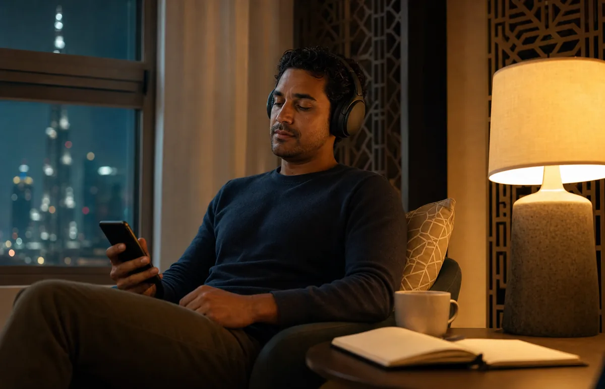 An adult using headphones and a phone during a calm evening listening and journaling routine