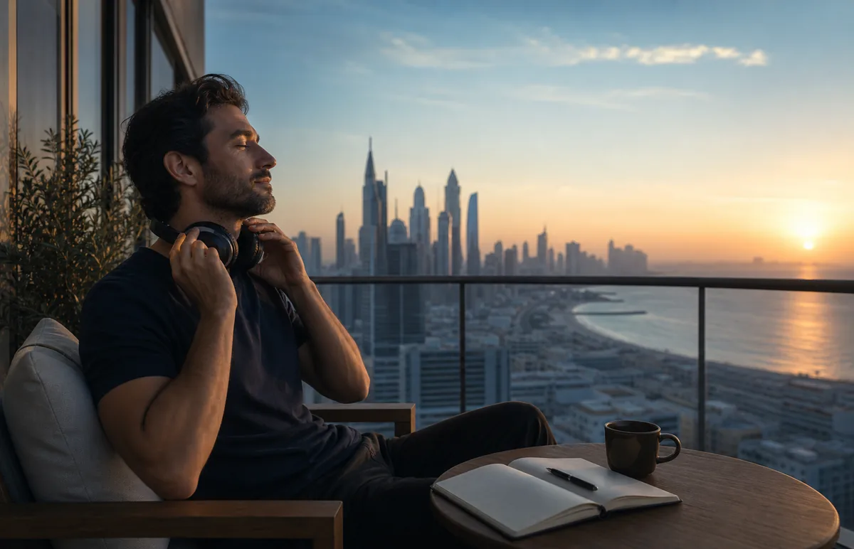 A listener journaling after a sunrise audio session overlooking a modern coastal skyline